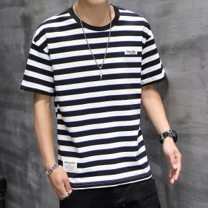 เสื้อยืดแขนสั้นผู้ชายคอตตอนแท้ ทรงหลวม ลายทาง ผ้าไหมน้ำแข็ง แฟชั่นฤดูร้อน 2025 เสื้อยืดคอกลมแขนสั้นใหม่