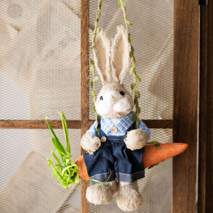 Country Style Handmade Rabbit Wall Hanging Decorative Grass Weaving Garden Decoration Cute Ornaments for Kindergarten