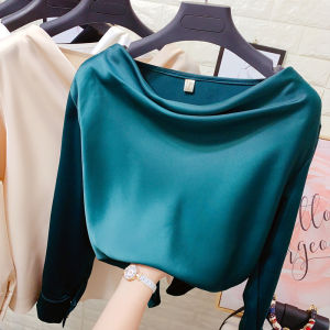 เสื้อชีฟองสวมหัวผ้าซาตินผ้าไหมคอปาดชิคๆสไตล์ฮ่องกงสำหรับผู้หญิงเสื้อเชิ้ตตัวในเปิดไหล่เซ็กซี่สำหรับฤดูใบไม้ผลิเสื้อใส่ด้านใน