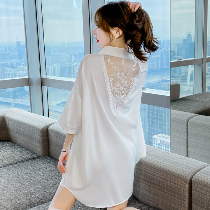váy ngủ dáng dài lụa satin màu trắng ngực ốp ren trắng nổi bật, thân sau  buộc nơ nhỏ. Hàng thiết kế độc quyền tại shop | Shopee Việt Nam