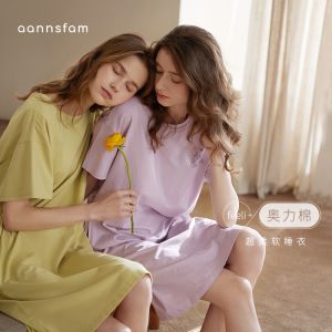 Anzibàn Pure Cotton Sleepwear Womens Summer Thin Short Sleeve Casual Loose plus Size Nightgown Home Clothes Dress