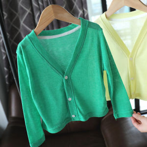 เสื้อคาร์ดิแกนถักแขนยาวป้องกันแสงแดดสำหรับเด็ก เสื้อคลุมกันหนาวแบบโปร่งบางสำหรับฤดูใบไม้ผลิและฤดูร้อน เสื้อคลุมกันหนาวแบบเปิดหน้าสำหรับเด็ก