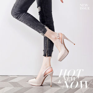 รองเท้าส้นสูงหัวแหลมปิดหัว12ซม. รองเท้าแตะรัดส้นเปิดส้นด้านหลังมีสายรัดส้นแหลมกันน้ำเซ็กซี่13ซม. ใส่ช่วงฤดูร้อนสำหรับผู้หญิง