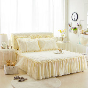 Korean Style Lace Princess Style Bed Skirt & Quilted Bedspread Three-Piece Bed Dust Cover Wedding Pink 2.0 M 1.8