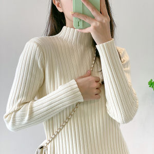 Knitting Dress Female Autumn and Winter below the Knee Half High Collar Woolen Skirt Match with Coat Inner Wear Base Mid Length Long Length Black Dress
