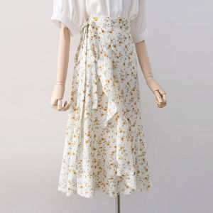 Summer 2025 Floral Print One-Piece High Waist Slimming Vintage Split Midi Skirt Korean Style Commute A-Line Skirt