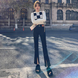 กางเกงยีนส์ทรงขาบานเอวสูงสำหรับผู้หญิง ฤดูใบไม้ร่วง/ฤดูหนาว กางเกงขายาวทรงสลิมฟิต ทรงขาบาน ทรงสลิมฟิต ทรงสลิมฟิต