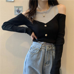Shoulder Bared Long Sleeve Knitted Sweater Womens Slim Fit Fashionable Color Block Base Shirt Korean Style Commute Low round Neck