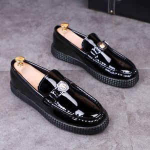 Moccosins Mens Spring Breathable Leather Business Slip-on Lazy Shoes Mens Patent Leather Bright Surface Casual Height Increasing Leather Shoes Men