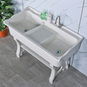 Huimite White Quartz Stone Laundry Tub Balcony Washing Machine Wash Basin Laundry Basin with Washboard Pool Integrated