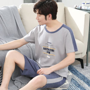 Mens Summer Sleepwear Pure Cotton Thin Short Sleeve Overhead Home Clothes Set Youth Style Comfortable Breathable Nightgown