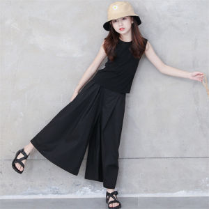 ชุดฤดูร้อนแฟชั่นสำหรับเด็กหญิงวัยโตชุดแม่และลูกสาวกางเกงขากว้างสไตล์ตะวันตกชุดเด็กแบบลำลองสไตล์อังกฤษชุดสองชิ้น