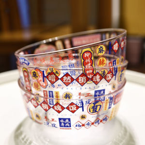 Xiao Le ชามแก้วหนาพิเศษทนความร้อนสไตล์จีนแบบออริจินัลชามไซส์ใหญ่พร้อมช้อนตะเกียบชามก๋วยเตี๋ยวชามซุปชามสลัดชามผสม