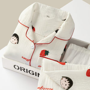 Breathable Cotton Summer Sleepwear Long Sleeve Thin Cotton Gauze Maternity Nightgown Feeding Dress Womens Home Clothes Set