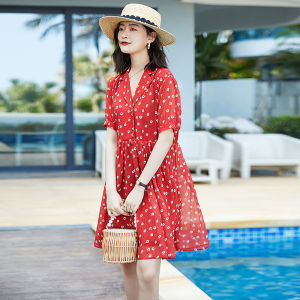 Summer plus Size Floral Print Chiffon Dress Korean Style Loose Fit Short Sleeve Suit Dress A-Line Silhouette Commute Fashion