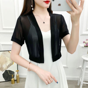 Summer Thin Mesh Shoulder Wrap Womens Top with Skirt Half Open Collar Short Sleeve Loose Fit Pure Color Versatile Style