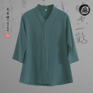 Áo Thun Cổ Chữ V Tay Ngắn Vải Lanh Cotton Phong Cách Trung Hoa Cổ Điển Áo Sơ Mi Thường Ngày Mùa Hè Cho Nam Trung Niên