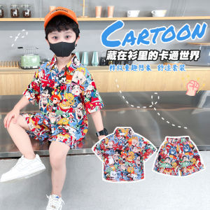 Boys Cotton Silk Floral Shirt Set Summer Thin Beachwear Casual Cartoon Print Short Sleeve Pants Beach Vacation Style Kids Clothes