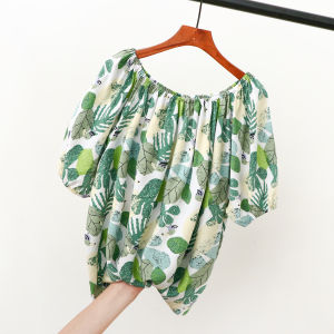 Silk Cotton Shoulder Bared T Shirt Womens Fresh Summer New Floral Loose Casual Batwing Sleeve Artificial Cotton Open Shoulder