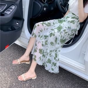 High Waist A-Line Midi Skirt Womens Summer Floral Print Chiffon Half Body Skirt with Lace Hemline Korean Style Commute