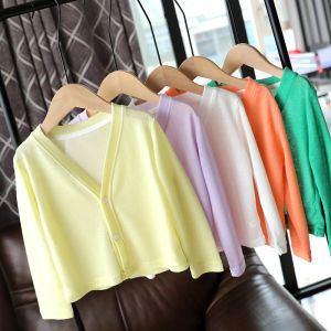 เสื้อคาร์ดิแกนถักแขนยาวป้องกันแสงแดดสำหรับเด็ก เสื้อคลุมกันหนาวแบบโปร่งบางสำหรับฤดูใบไม้ผลิและฤดูร้อน เสื้อคลุมกันหนาวแบบเปิดหน้าสำหรับเด็ก