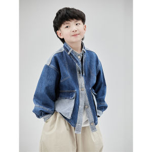 Mt Original Childrens Clothing Designer Model Japanese Style Retro Patchwork Boys and Girls Stand Collar Denim Contrast Color Heavy Industry Short Coat