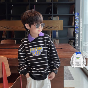 สเว็ตเตอร์เด็กผู้ชายชุดฤดูใบไม้ผลิแบบใหม่ปี2023เสื้อยืดคล้ายใส่สองชิ้นสำหรับเด็กวัย5-12ขวบเสื้อแฟชั่นสไตล์ไพลินเสื้อตัวในสำหรับเด็ก