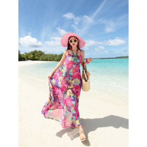 2023 New Summer Vacation Dress Large Size Beach Skirt Womens Chiffon Floral Strap Long Dress Sanya Holiday Beachside Gown