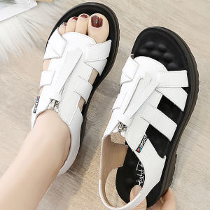 Leather Roman Style mid Heel Mom Sandals Womens Summer New Soft Bottom Anti-Slip Slope Heel Middle Aged Flat Night Rain Casual Fashion Sandals