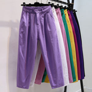 Colorful High Waist Loose Fit Summer Casual Pants Womens Thin Elastic Design Dad Pants Korean Style Long Trousers Cotton Blend