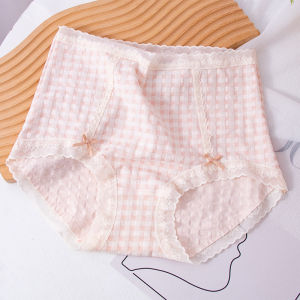กางเกงในไซส์ใหญ่แนวญี่ปุ่นสำหรับผู้หญิงทรงสามเหลี่ยมเอวสูงสำหรับสาวอวบกก. ผ้าฝ้ายลายสก๊อตสดใสขอบลูกไม้แนวสวยหวานน่ารักสำหรับสาวๆ