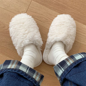 รองเท้าแตะผ้าฝ้ายปิดหัวสีล้วนแบบใหม่แฟชั่นเส้นเล็กรองเท้าขนฟูๆใส่อยู่บ้านกันลื่นให้ความอบอุ่นแบบเรียบง่ายแนวฤดูหนาวสำหรับผู้หญิง