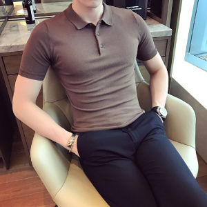 Spring and Summer New British Solid Color Sweater Polo Shirt Mens Short-Sleeved T-shirt 12 Colors Slim Fit Large Size Mens Clothing
