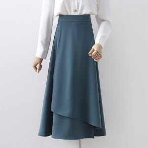 Spring Autumn New Style High Waist plus Size A-Line Midi Skirt Womens Versatile Solid Color Commute Korean Fashion Blue