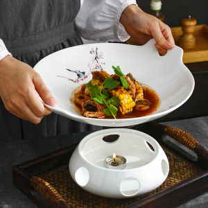 Chinese Style Ceramic Plate Thermal Double Ear Flower Bird Pattern Candle Heating round Dish Home Kitchen Dining Utensils