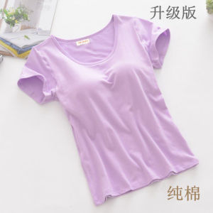 Cotton Padded Short Sleeve BRA-t Vest Half Sleeve T-shirt Bra-Free Cup Integrated Pajamas Home Wear Yoga Women