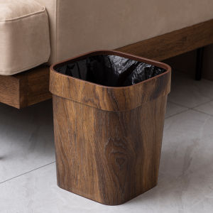 Retro Wood Grain Large Capacity Trash Can for Living Room Kitchen Bathroom Toilet Home Use Plastic Square Storage Bucket
