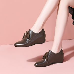 Leather round Toe Wedge Heel Womens Shoes Soft Bottom Increased Height Spring Autumn Versatile 2025 Spring Style Small Figure