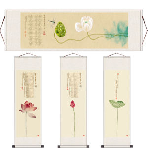 Buddhist Serene Flower And Bird Painting Silk Scroll Decorative Artwork Heart Sutra Hanging Picture Frameless Vintage Home Decor