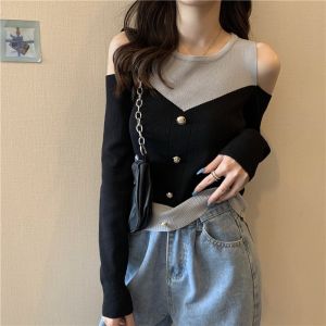 Shoulder Bared Long Sleeve Knitted Sweater Womens Slim Fit Fashionable Color Block Base Shirt Korean Style Commute Low round Neck