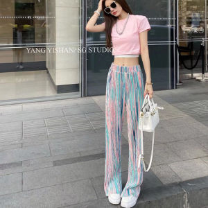 Ice Silk Tie Dye Pants Women Summer Thin Colorful Wide Leg Casual Chiffon Beachwear Dopaamine Style Commute High Waist Long Pants