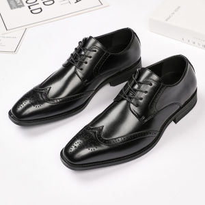 Business Formal Handmade Carved Leather Brogue Shoes Mens Pointed Toe Lace-Up Derby Wedding Shoes Brown Youth Fashionable Oxfords