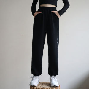 Girls Fleece Lined Sport Pants Spring Autumn High Waist Trousers for Middle Large Children Students Black White Casual Joggers