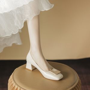 Elegant French Style Square Head High Heel Womens Shoes Leather Spring Autumn New Style Chunky mid Heel Fashionable Slip-On