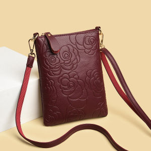 Fashionable Soft Leather Mini Crossbody Womens Bag New 2026 Mobile Phone Purse Single Shoulder Bag Floral Pattern Korean Style