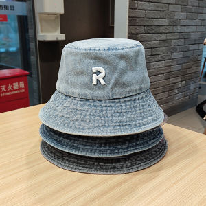 INS Internet Celebrity Denim Bucket Hat Womens Fashion Washed Sun Hat Mens K-style Easiest for Match Casual R Letter Basin Hat