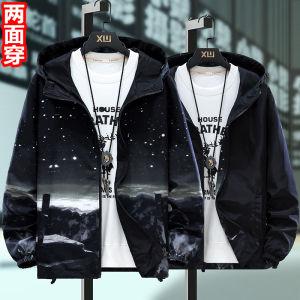 แจ็กเก็ตใส่ได้ทั้งสองด้านเสื้อตัวนอกไล่ระดับสีลำลองอินเทรนด์แนวเกาหลีสำหรับฤดูใบไม้ผลิและฤดูใบไม้ร่วงของผู้ชายชุดแบบหลวมสำหรับนักเรียนชุดผู้ชายไซส์ใหญ่สำหรับคนอ้วน