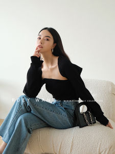 ROEYWANG Double Curved Knitted Crop Top Slim Fit One Piece Shoulder Shawl Sleeve Two Piece Set Simple Spring Autumn New Arrival