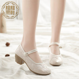 รองเท้าผ้าสไตล์ปักกิ่งแบบเก่าแบบใหม่ฤดูใบไม้ร่วง รองเท้าปักลาย รองเท้าใส่กับชูดฮั่นฝูสไตล์จีน รองเท้าชั้นเดียวมีสายรัดส้นสไตล์โบราณสำหรับผู้หญิง