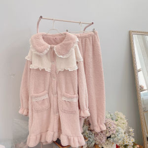 Womens Long Thickened Fleece Pajamas Set Coral Velvet Winter Home Clothes Nightgown with Edge Flower Home Sweet Style